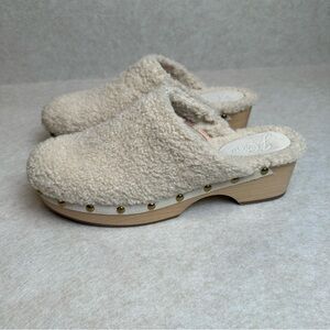J Crew ivory Faux Fur Sherpa Wooden Clogs Shoes Women Size 9